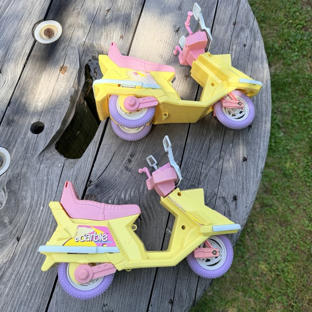 Vintage Barbie Scooters Mopeds Motorcycles Pink Yellow Mattel 1980s Set of 2